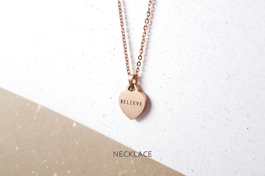 Believe heart shaped pendant rose gold engraved necklace from Singapore