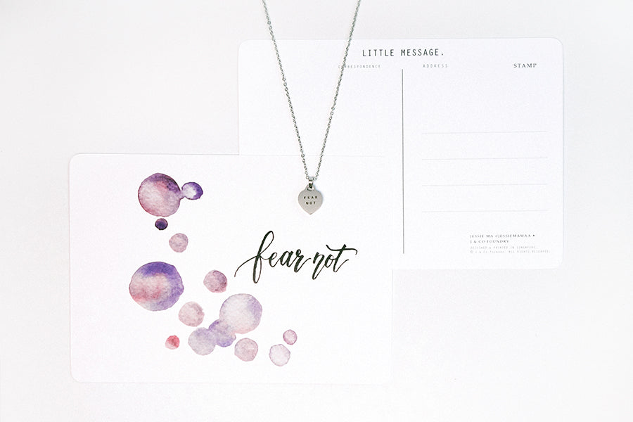Fear Not inspirational card designed by Jessie Ma with matching heart necklace