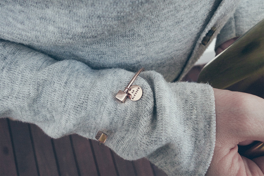 contemporary cube bangle with pendant engraved so blessed