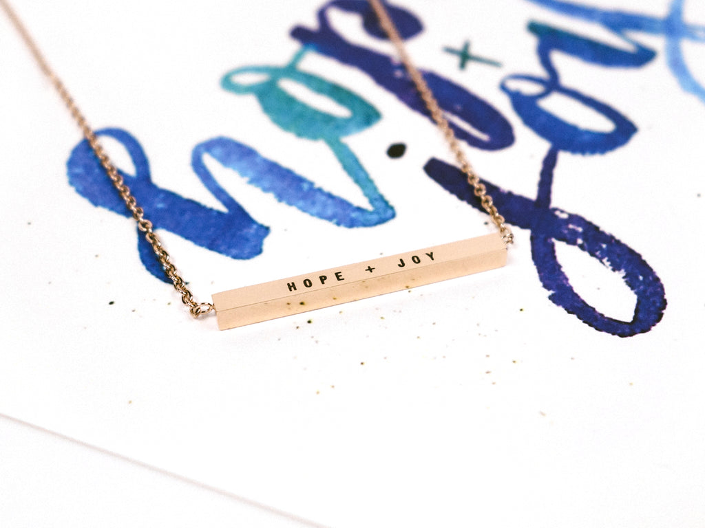 J & Co Foundry Collaboration with Amy @art.by.ames Hope + Joy Customised Bar Necklace in Rose Gold 