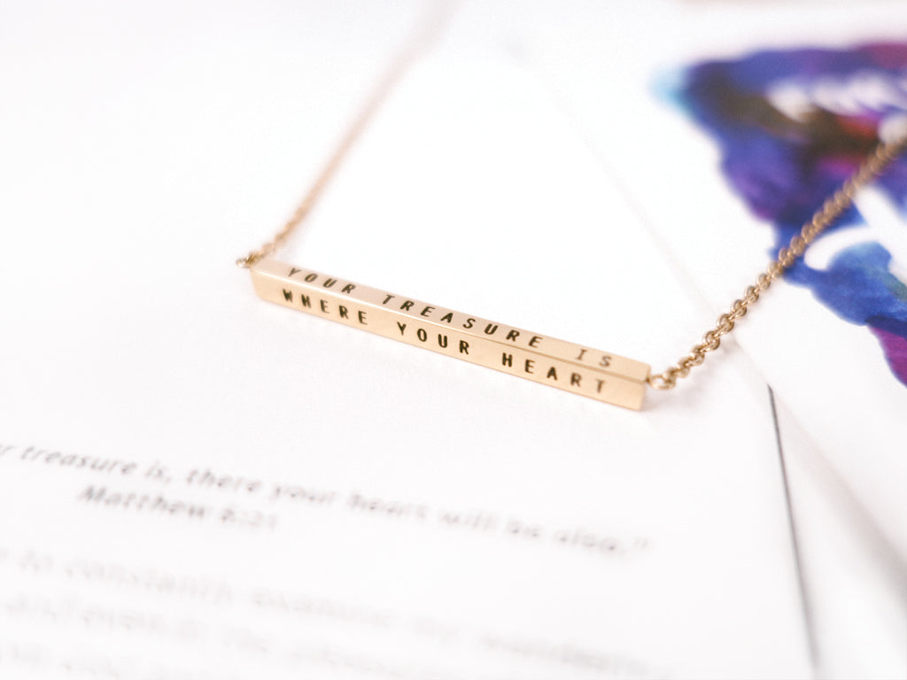J & Co Foundry Your Treasure is Where Your Heart Will Be Rose Gold Bar Necklace