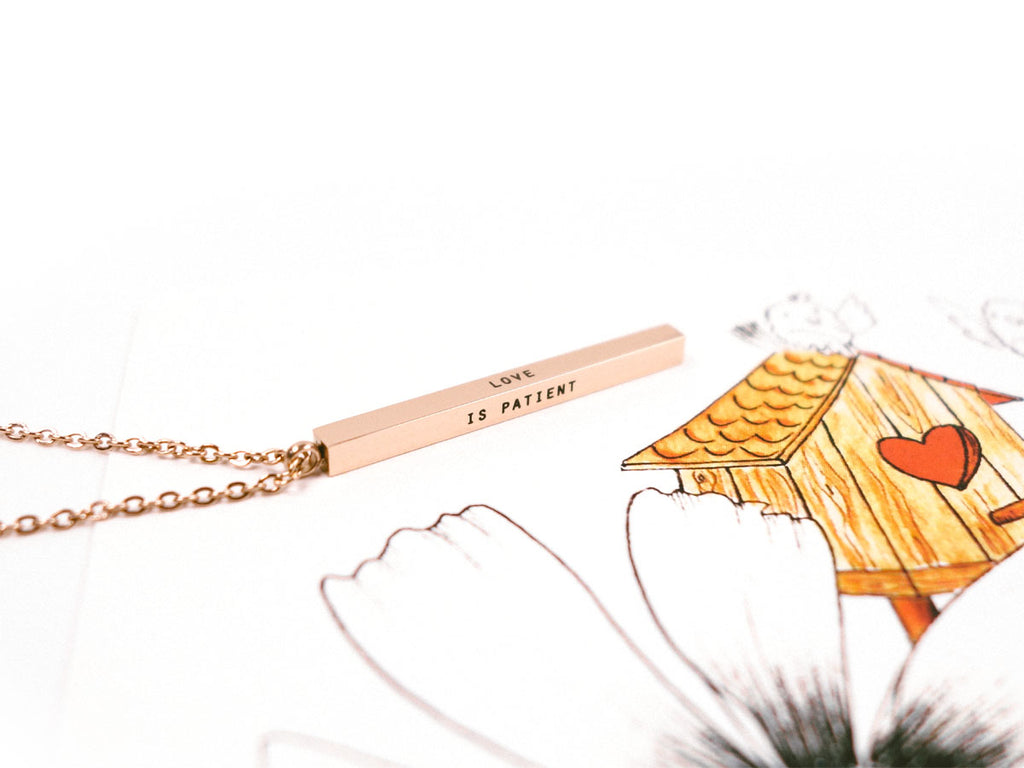 Love is Patient Customised vertical bar necklace in rose gold